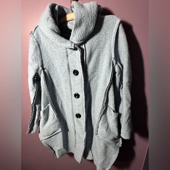 Women's Blue Button-Up Raw Edge Fleece Coat - Picture 4 of 5